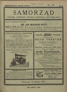 Samorząd : tygodnik poświięcony sprawom samorządu terytorialnego. R. 11, nr 34 (25 sierpnia 1929)