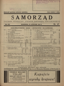 Samorząd : tygodnik poświęcony sprawom samorządu terytorialnego. R. 14, nr 47 (20 listopada 1932)