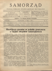 Samorząd : tygodnik poświęcony sprawom samorządu terytorialnego. R. 16, nr 21 (27 maja 1934)