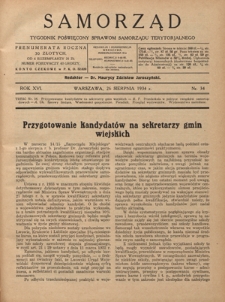 Samorząd : tygodnik poświęcony sprawom samorządu terytorialnego. R. 16, nr 34 (26 sierpnia 1934)