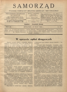 Samorząd : tygodnik poświęcony sprawom samorządu terytorialnego. R. 20, nr 22 (29 maja 1938)