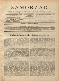 Samorząd : tygodnik poświęcony sprawom samorządu terytorialnego. R. 20, nr 23 (5 czerwca 1938)