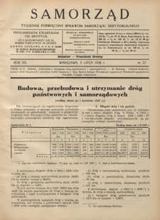 Samorząd : tygodnik poświęcony sprawom samorządu terytorialnego. R. 20, nr 27 (3 lipca 1938)