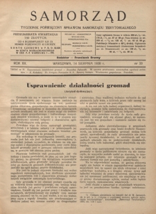 Samorząd : tygodnik poświęcony sprawom samorządu terytorialnego. R. 20, nr 33 14 sierpnia (1938)