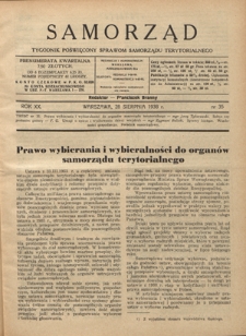 Samorząd : tygodnik poświęcony sprawom samorządu terytorialnego. R. 20, nr 35 (28 sierpnia 1938)