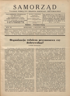 Samorząd : tygodnik poświęcony sprawom samorządu terytorialnego. R. 20, nr 36 (4 września 1938)