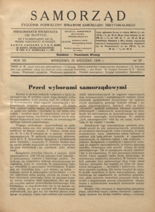 Samorząd : tygodnik poświęcony sprawom samorządu terytorialnego. R. 20, nr 39 (25 września 1938)