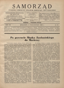 Samorząd : tygodnik poświęcony sprawom samorządu terytorialnego. R. 20, nr 41 (9 października 1938)