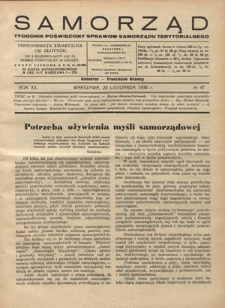 Samorząd : tygodnik poświęcony sprawom samorządu terytorialnego. R. 20, nr 47 (20 listopada 1938)