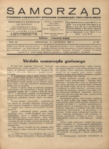 Samorząd : tygodnik poświęcony sprawom samorządu terytorialnego. R. 20, nr 48 (27 listopada 1938)