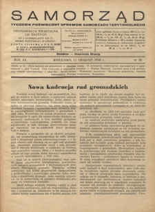 Samorząd : tygodnik poświęcony sprawom samorządu terytorialnego. R. 20, nr 50 (11 grudnia 1938)