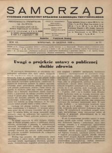 Samorząd : tygodnik poświęcony sprawom samorządu terytorialnego. R. 20, nr 51 (18 grudnia 1938)