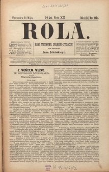 Rola : pismo tygodniowe, społeczno-literackie R. 20, Nr 21 (11/24 maja 1902)