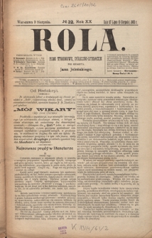 Rola : pismo tygodniowe, społeczno-literackie R. 20, Nr 32 (27 lipca/9 sierpnia 1902)