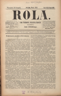Rola : pismo tygodniowe, społeczno-literackie R. 20, Nr 34 (10/23 sierpnia 1902)