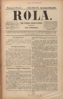 Rola : pismo tygodniowe, społeczno-literackie R. 20, Nr 37 (31 sierpnia/13 września 1902)