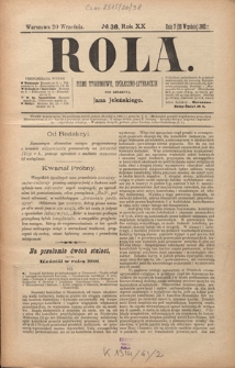Rola : pismo tygodniowe, społeczno-literackie R. 20, Nr 38 (7/20 września 1902)