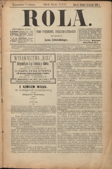 Rola : pismo tygodniowe, społeczno-literackie. R. 22, nr 6 (24 stycznia/ 4 lutego 1904)