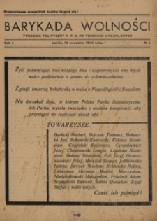 Barykada Wolności : tygodnik polityczny P.P.S. na terenach wyzwolonych R. 1, No 1 (10 wrzes. 1944)
