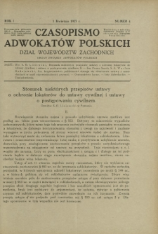 Czasopismo Adwokatów Polskich : Dział Województw Zachodnich : organ Związku Adwokatów Polskich. R. 1, nr 4 (1 kwietnia 1927)