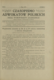 Czasopismo Adwokatów Polskich : Dział Województw Zachodnich : organ Związku Adwokatów Polskich. R. 1, nr 5 (1 maja 1927)