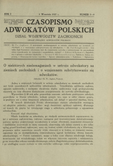 Czasopismo Adwokatów Polskich : Dział Województw Zachodnich : organ Związku Adwokatów Polskich. R. 1, nr 7-9 (1 września 1927)
