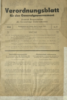 Verordnungsblatt für das Generalgouvernement = Dziennik Rozporządzeń dla Generalnego Gubernatorstwa. 1943, Nr. 1 (6. Januar)