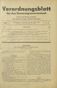 Verordnungsblatt für das Generalgouvernement = Dziennik Rozporządzeń dla Generalnego Gubernatorstwa. 1943, Nr. 5 (30. Januar)