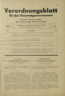 Verordnungsblatt für das Generalgouvernement = Dziennik Rozporządzeń dla Generalnego Gubernatorstwa. 1943, Nr. 8 (8. Februar)