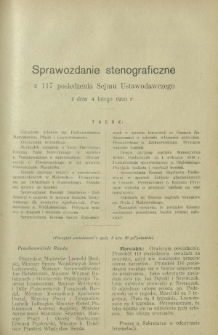 Sprawozdanie Stenograficzne z 117 Posiedzenia Sejmu Ustawodawczego z dnia z dnia 4 lutego 1920 r.
