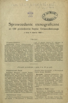 Sprawozdanie Stenograficzne z 126 Posiedzenia Sejmu Ustawodawczego z dnia 4 marca 1920 r.