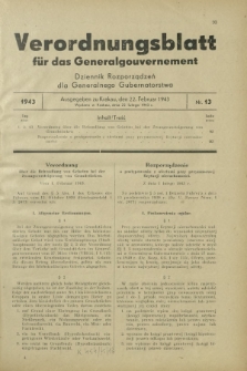 Verordnungsblatt für das Generalgouvernement = Dziennik Rozporządzeń dla Generalnego Gubernatorstwa. 1943, Nr. 13 (22. Februar)