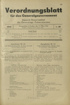 Verordnungsblatt für das Generalgouvernement = Dziennik Rozporządzeń dla Generalnego Gubernatorstwa. 1943, Nr. 20 (19. März)