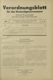 Verordnungsblatt für das Generalgouvernement = Dziennik Rozporządzeń dla Generalnego Gubernatorstwa. 1943, Nr. 21 (20. März)
