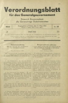 Verordnungsblatt für das Generalgouvernement = Dziennik Rozporządzeń dla Generalnego Gubernatorstwa. 1943, Nr. 22 (22. März)