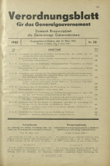 Verordnungsblatt für das Generalgouvernement = Dziennik Rozporządzeń dla Generalnego Gubernatorstwa. 1943, Nr. 23 (30. März)