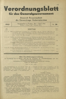 Verordnungsblatt für das Generalgouvernement = Dziennik Rozporządzeń dla Generalnego Gubernatorstwa. 1943, Nr. 26 (1. April )