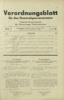 Verordnungsblatt für das Generalgouvernement = Dziennik Rozporządzeń dla Generalnego Gubernatorstwa. 1943, Nr. 29 (14. April )