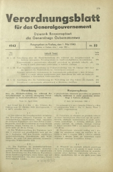 Verordnungsblatt für das Generalgouvernement = Dziennik Rozporządzeń dla Generalnego Gubernatorstwa. 1943, Nr. 32 (1. Mai)