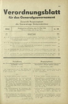 Verordnungsblatt für das Generalgouvernement = Dziennik Rozporządzeń dla Generalnego Gubernatorstwa. 1943, Nr. 33 (10. Mai)