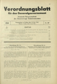 Verordnungsblatt für das Generalgouvernement = Dziennik Rozporządzeń dla Generalnego Gubernatorstwa. 1943, Nr. 37 (18. Mai)