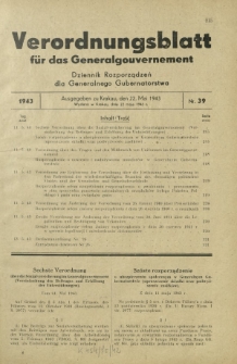 Verordnungsblatt für das Generalgouvernement = Dziennik Rozporządzeń dla Generalnego Gubernatorstwa. 1943, Nr. 39 (22. Mai)