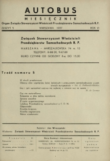 Autobus : organ Związku Stowarzyszeń Właścicieli Przedsiębiorstw Samochodowych / red. Jan Wroczyński. R. 6 [i.e. 7], z. 5 (1937)