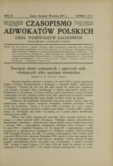 Czasopismo Adwokatów Polskich : Dział Województw Zachodnich : organ Związku Adwokatów Polskich. R. 3, nr 7, 8 i 9 (lipiec-sierpień-wrzesień 1929)