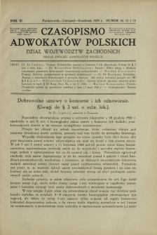 Czasopismo Adwokatów Polskich : Dział Województw Zachodnich : organ Związku Adwokatów Polskich. R. 3, nr 10, 11 i 12 (październik-listopad-grudzień 1929)
