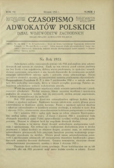 Czasopismo Adwokatów Polskich : Dział Województw Zachodnich : organ Związku Adwokatów Polskich. R. 7, nr 1 (styczeń 1933)