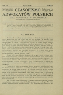 Czasopismo Adwokatów Polskich : Dział Województw Zachodnich : organ Związku Adwokatów Polskich. R. 8, nr 1 (styczeń 1934)
