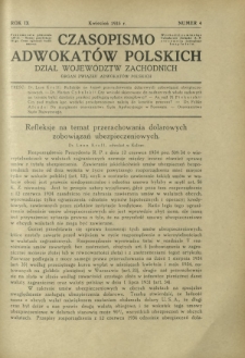 Czasopismo Adwokatów Polskich : Dział Województw Zachodnich : organ Związku Adwokatów Polskich. R. 9, nr 4 (kwiecień 1935)