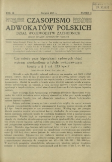 Czasopismo Adwokatów Polskich : Dział Województw Zachodnich : organ Związku Adwokatów Polskich. R. 9, nr 8 (sierpień 1935)