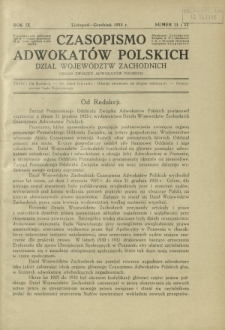 Czasopismo Adwokatów Polskich : Dział Województw Zachodnich : organ Związku Adwokatów Polskich. R. 9, nr 11 i 12 (listopad-grudzień 1935)